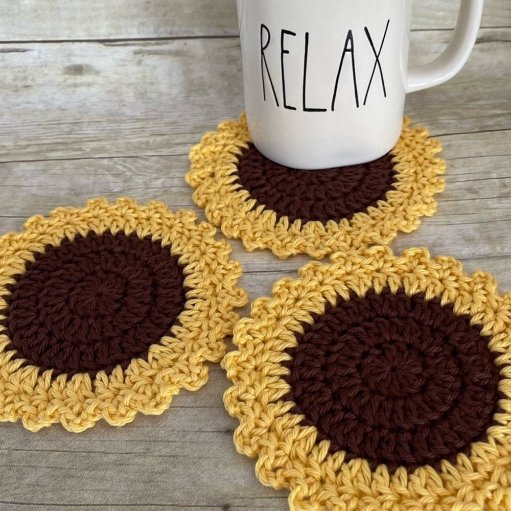 Set of Three Sunflower Doilies/Coasters 5 1/2 Inches Dark Brown & Yellow